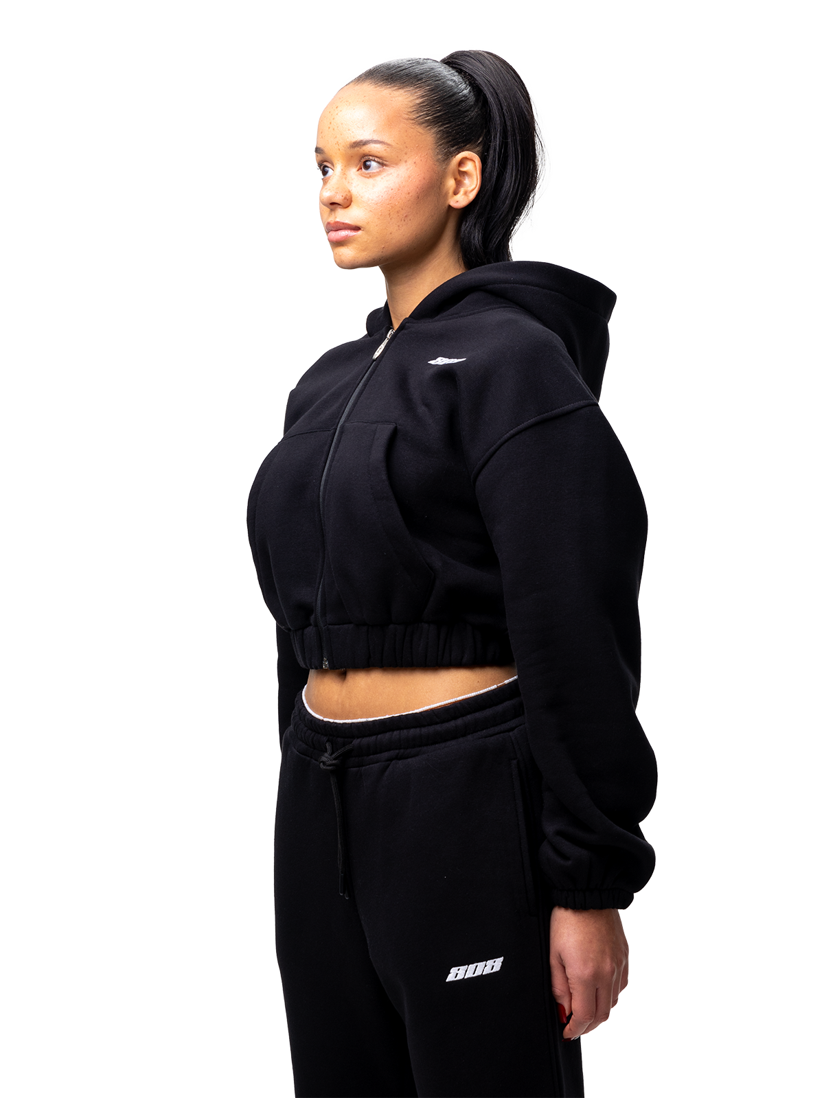 Schwarz Zipper Kurz Bauchfrei Weißes Logo