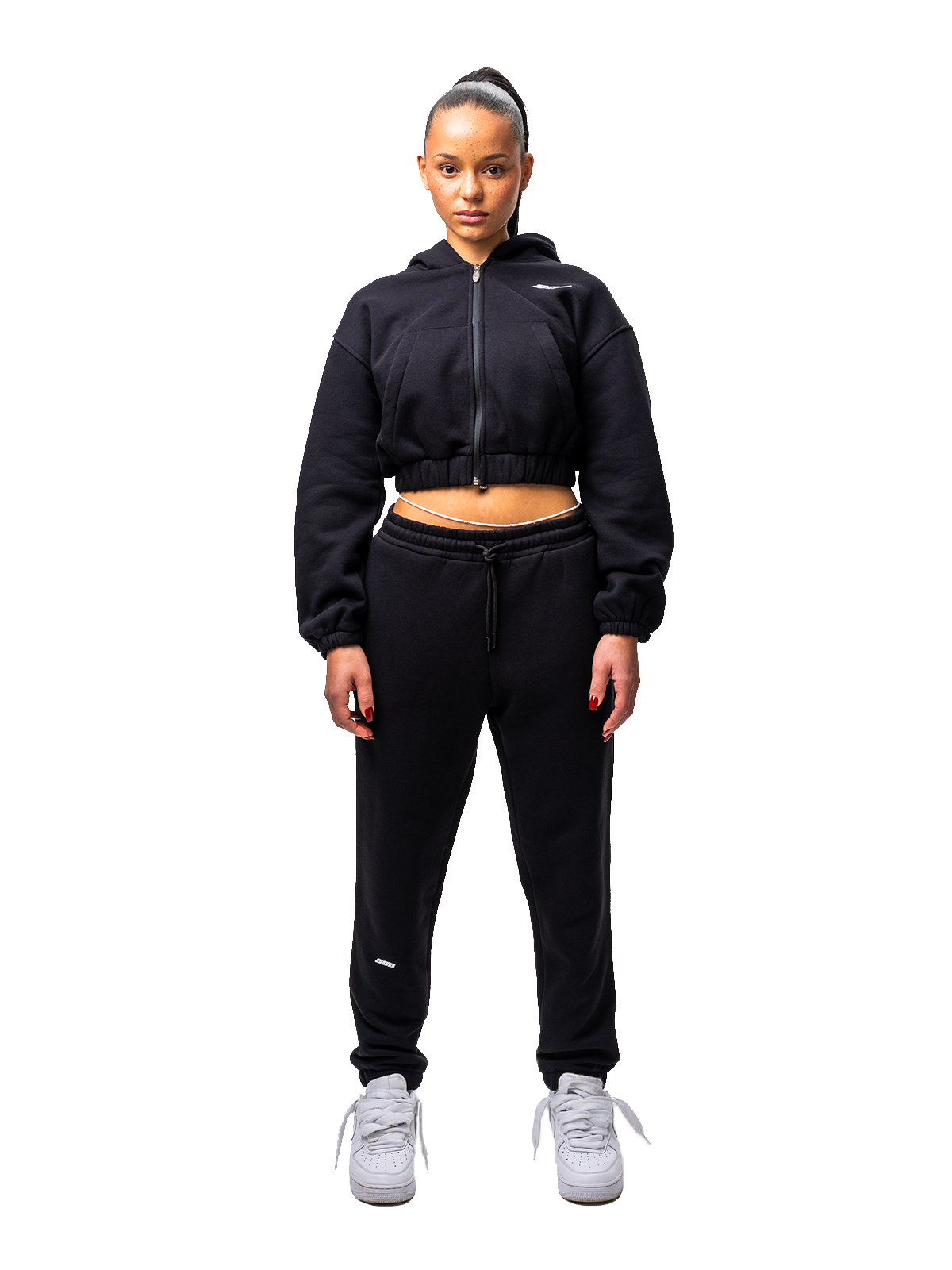 Schwarz Zipper Kurz Bauchfrei Weißes Logo