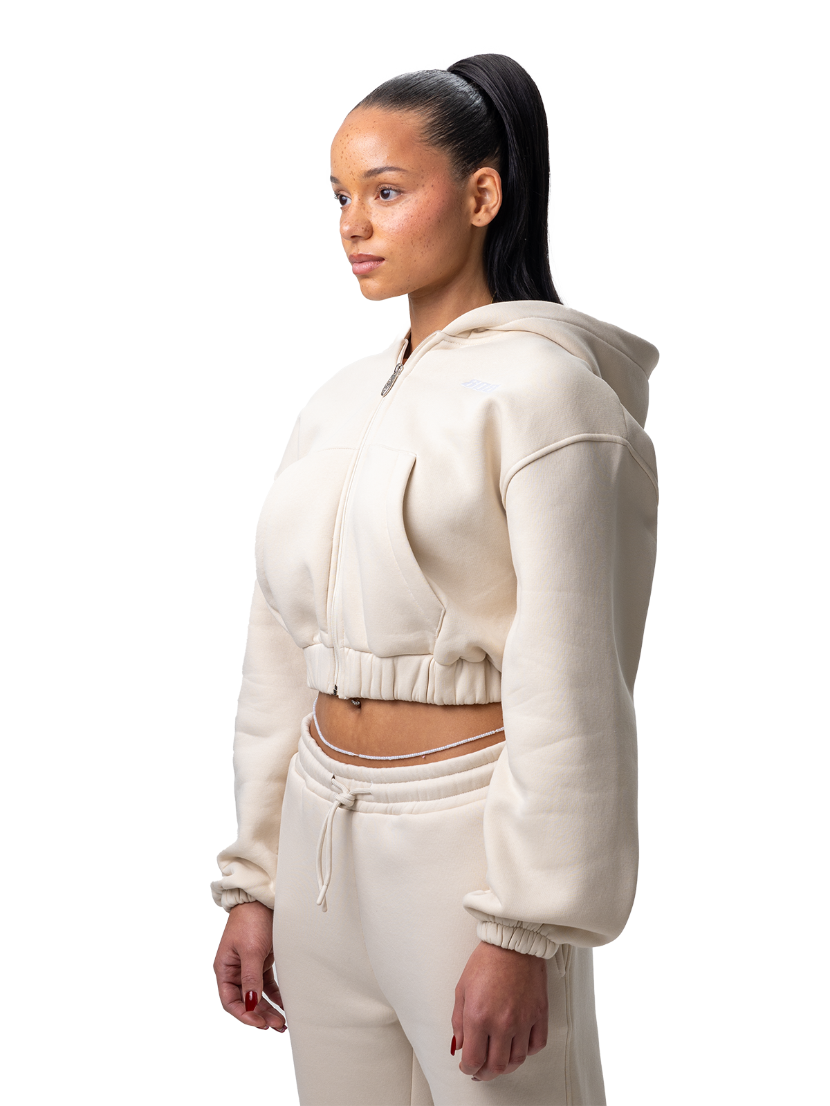 Beige Zipper Kurz Bauchfrei Weißes Logo