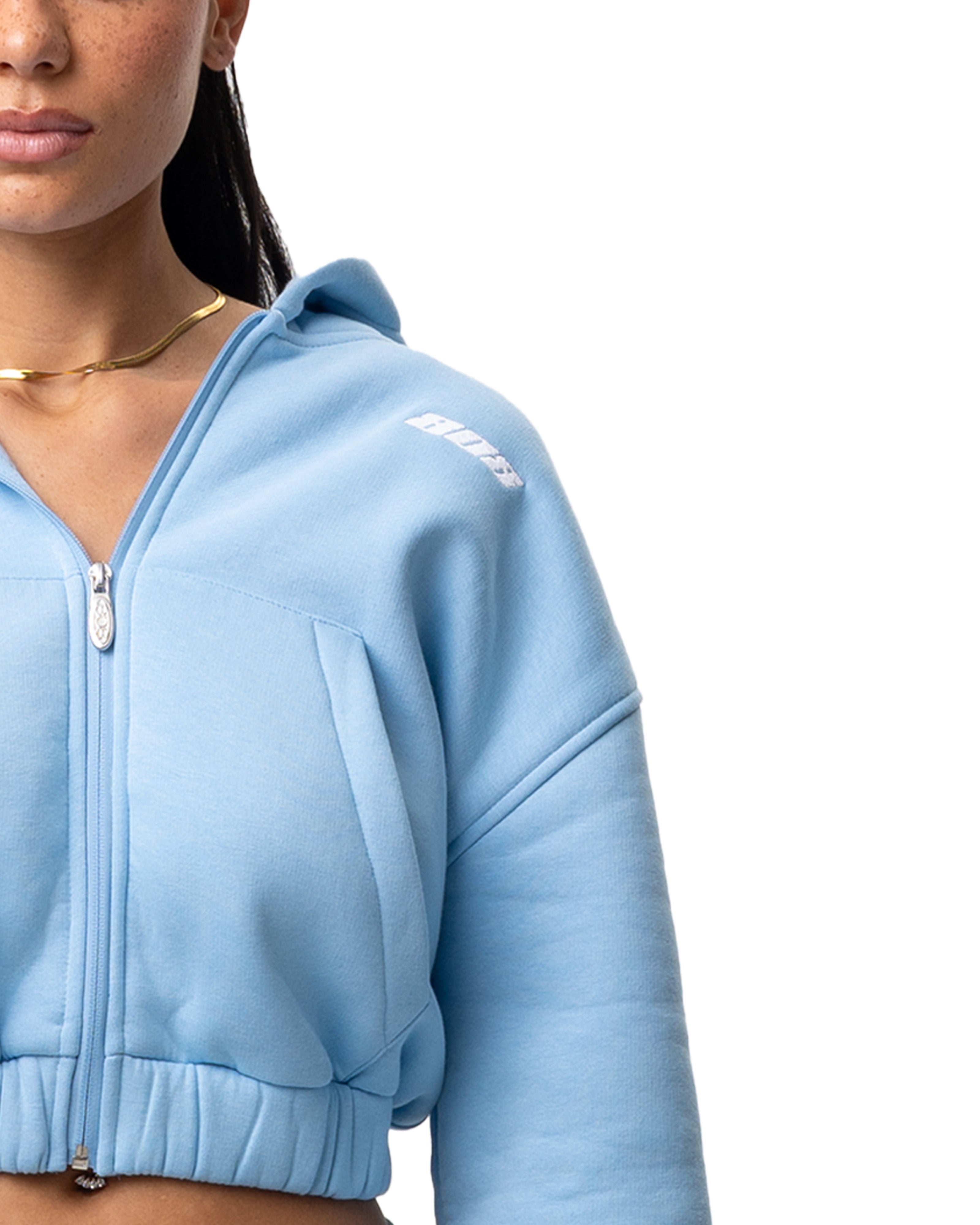 Babyblauer Zipper Bauchfrei Reißverschluss Jacke Weißes Logo
