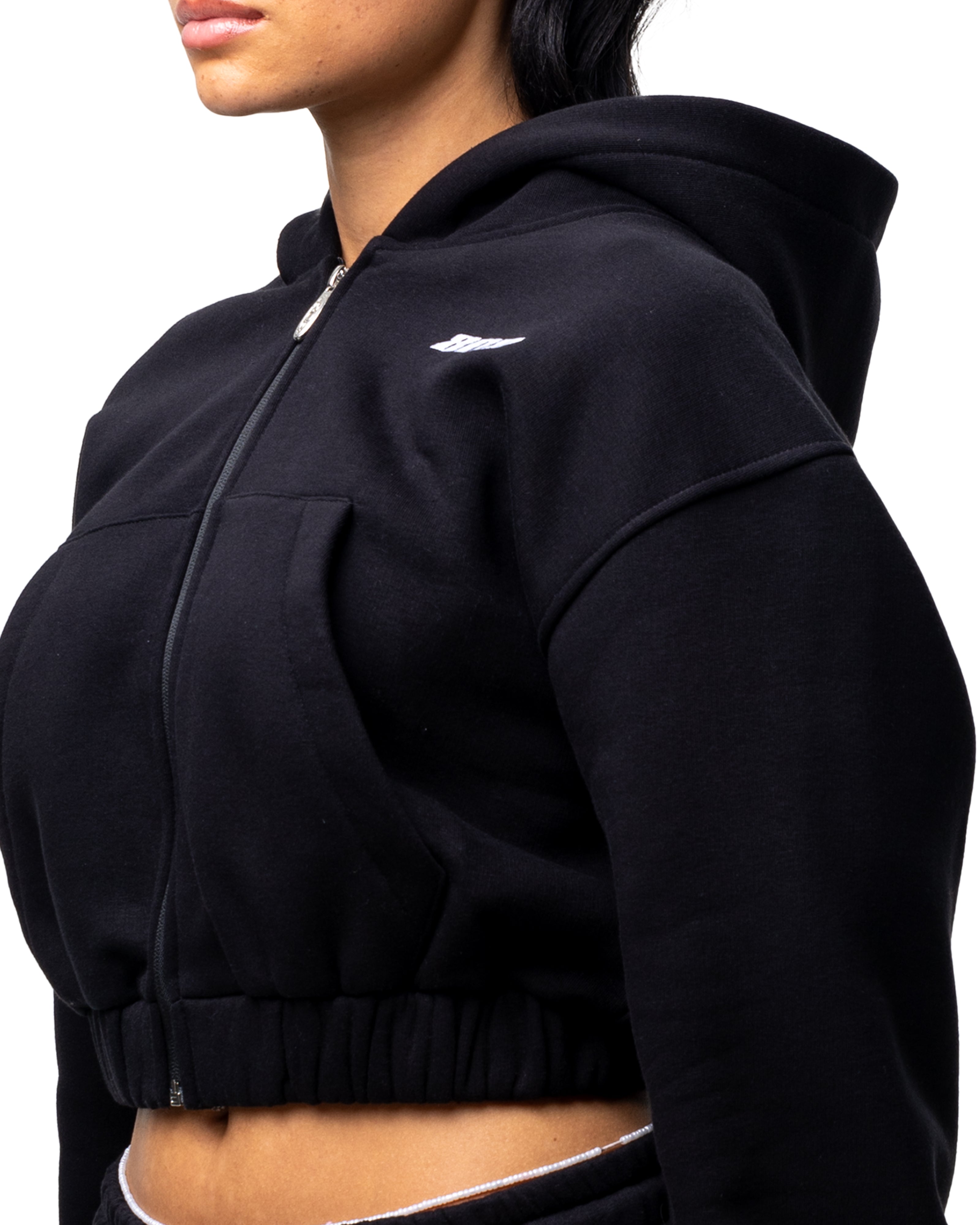 Schwarzer Zipper Bauchfrei Reißverschluss Jacke Weißes Logo