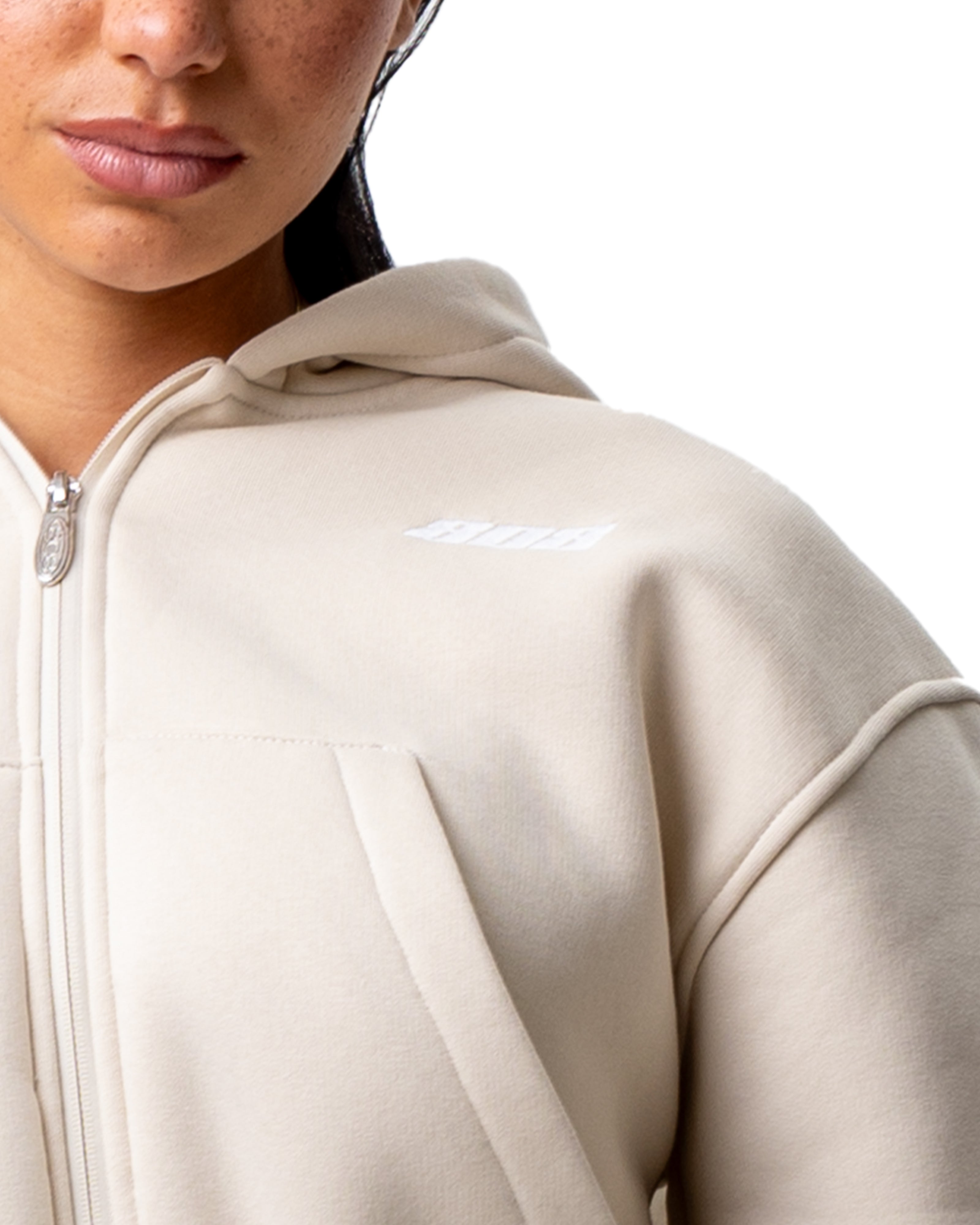Beige Zipper Bauchfrei Reißverschluss Jacke Weißes Logo