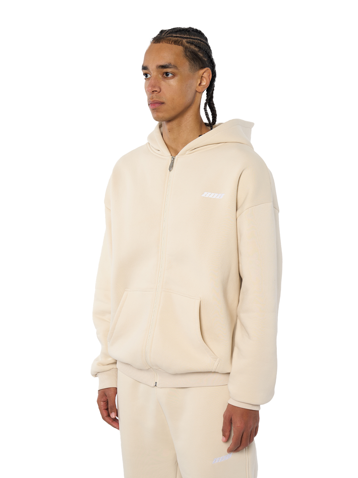 Beige Zipper Reißverschluss Jacke Weißes Logo