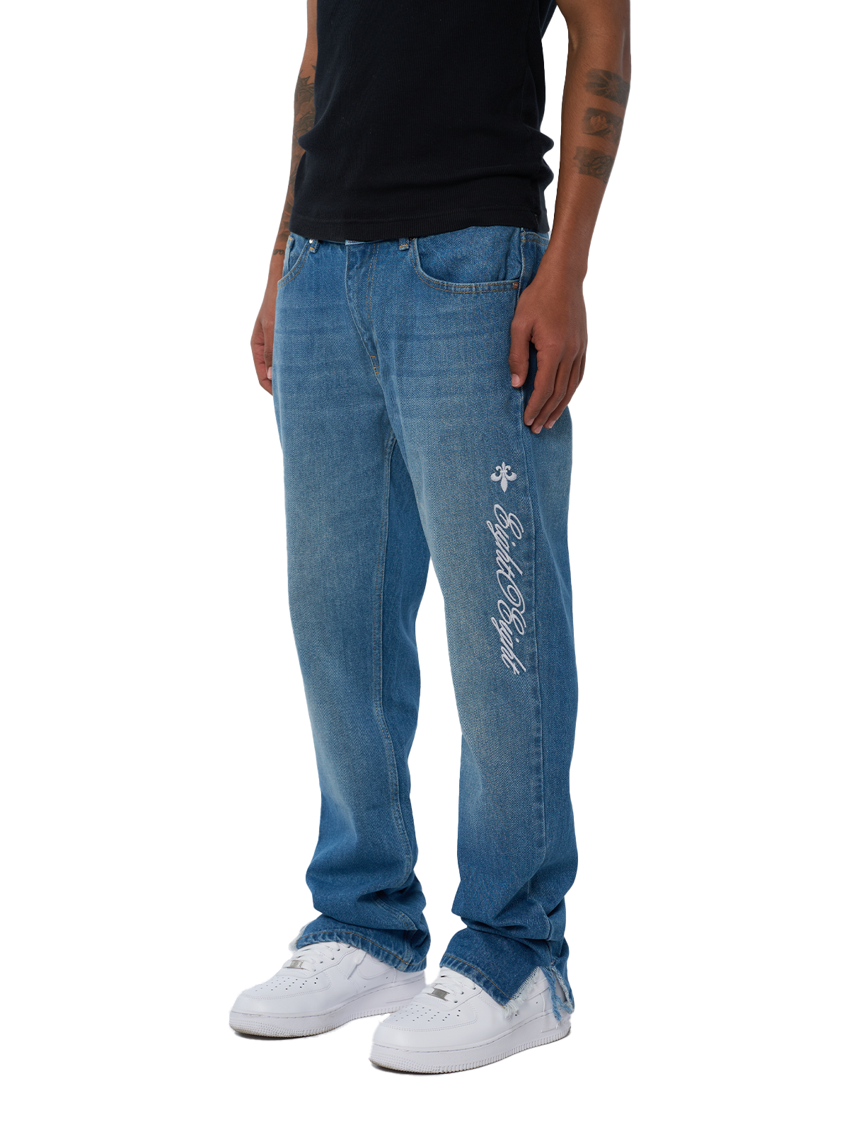 Blaue Denim Open Leg Breite Jeans Hose weißes Logo