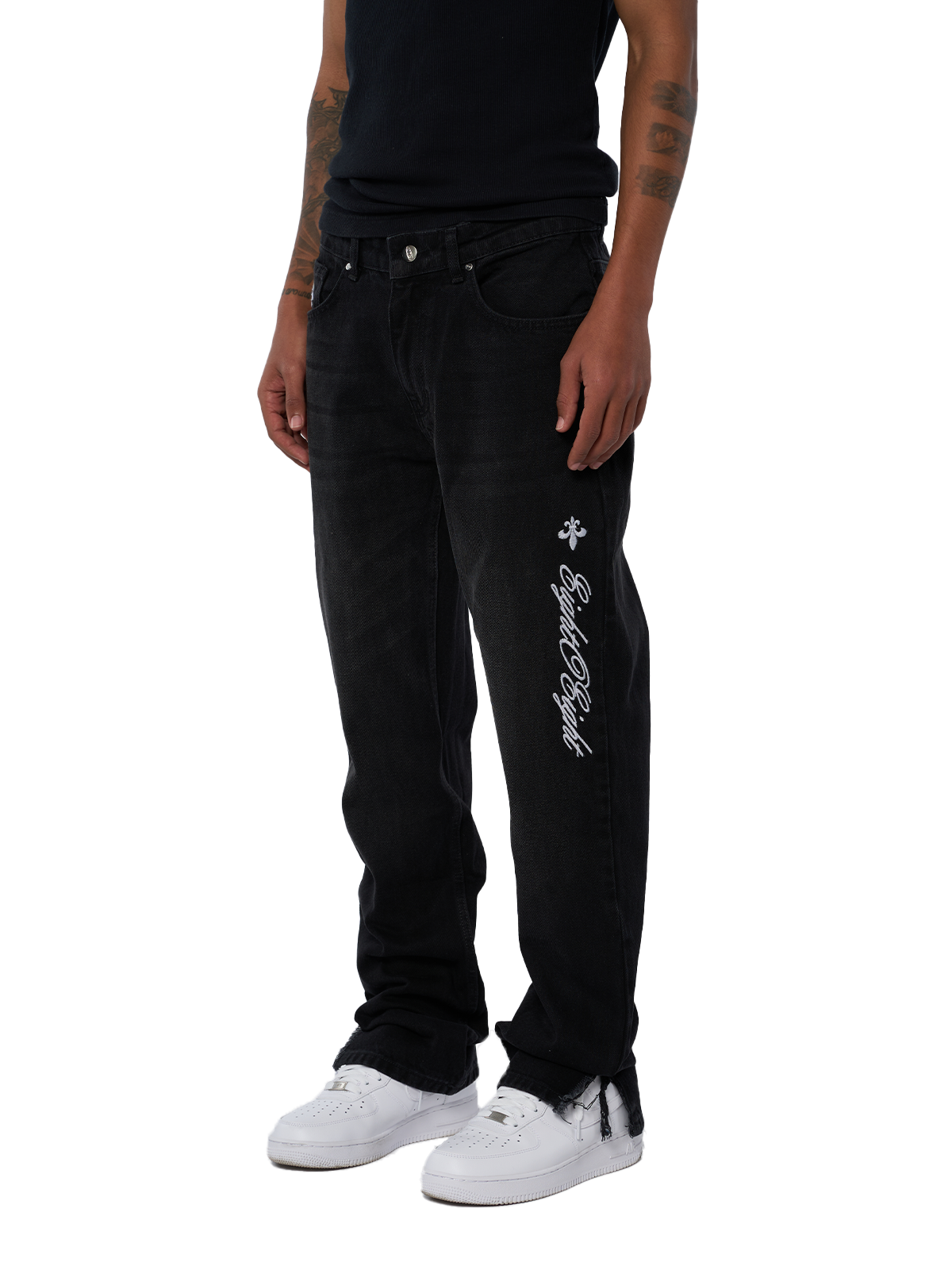 Schwarze Denim Open Leg Breite Jeans Hose weißes Logo