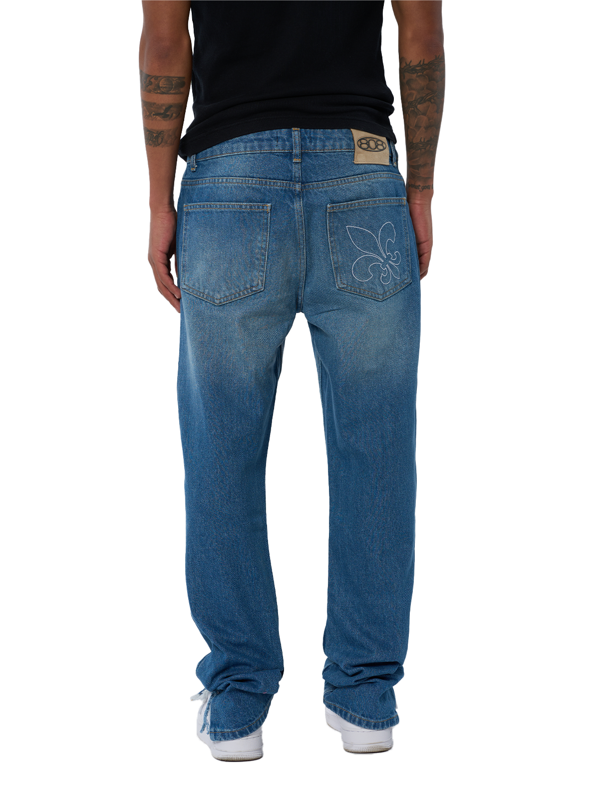 Blaue Denim Open Leg Breite Jeans Hose weißes Logo