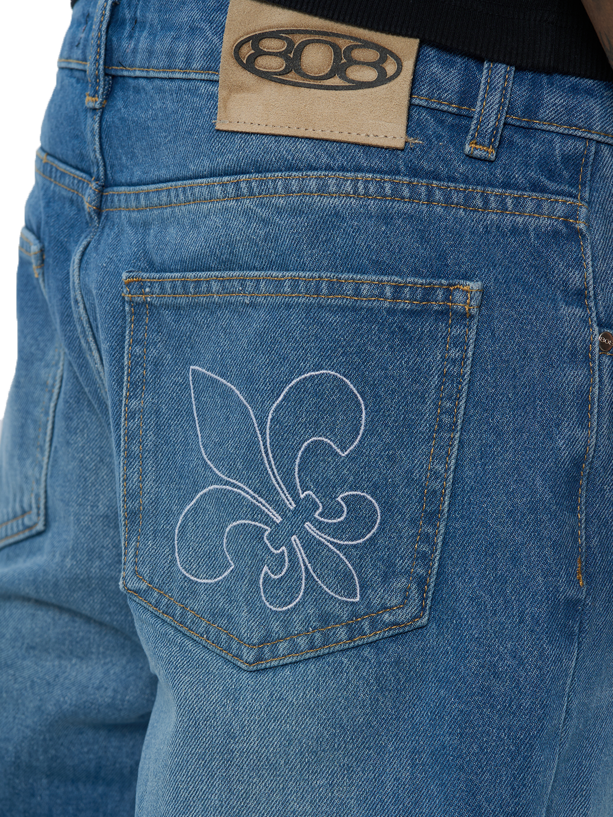 Blaue Denim Open Leg Breite Jeans Hose weißes Logo