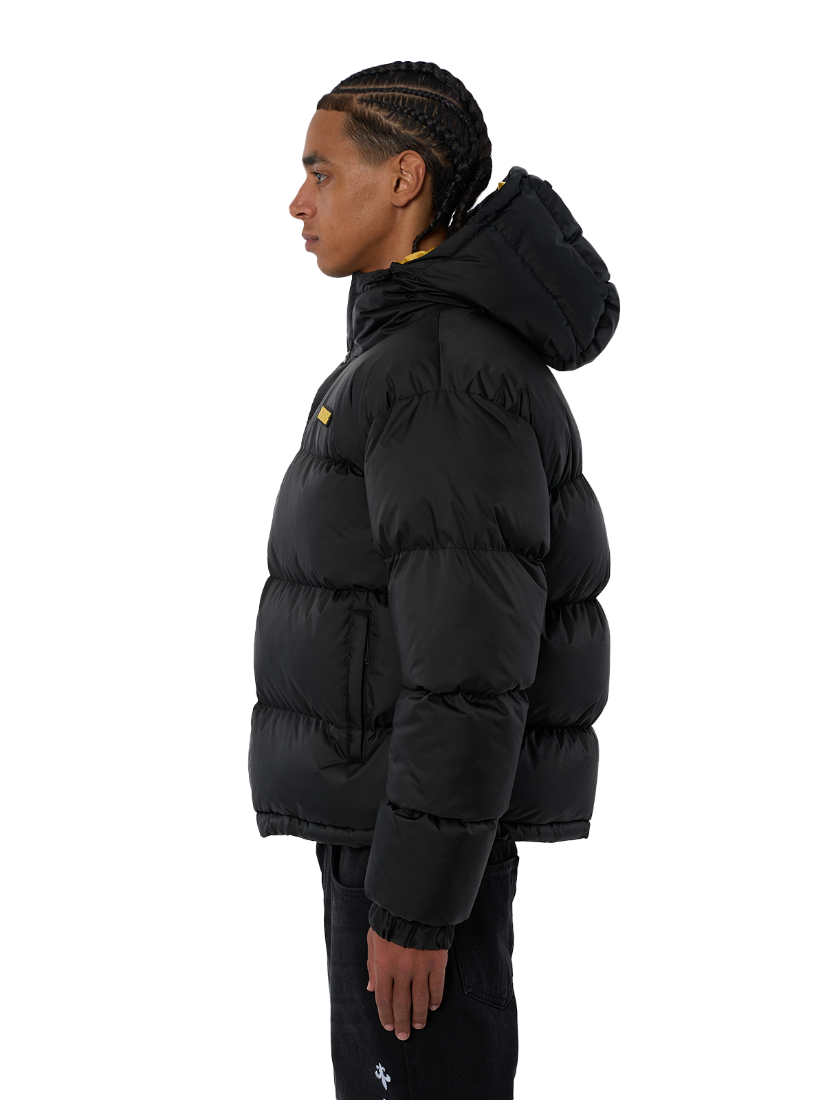Schwarze Winterjacke Puffer Jacket Gelbes Logo