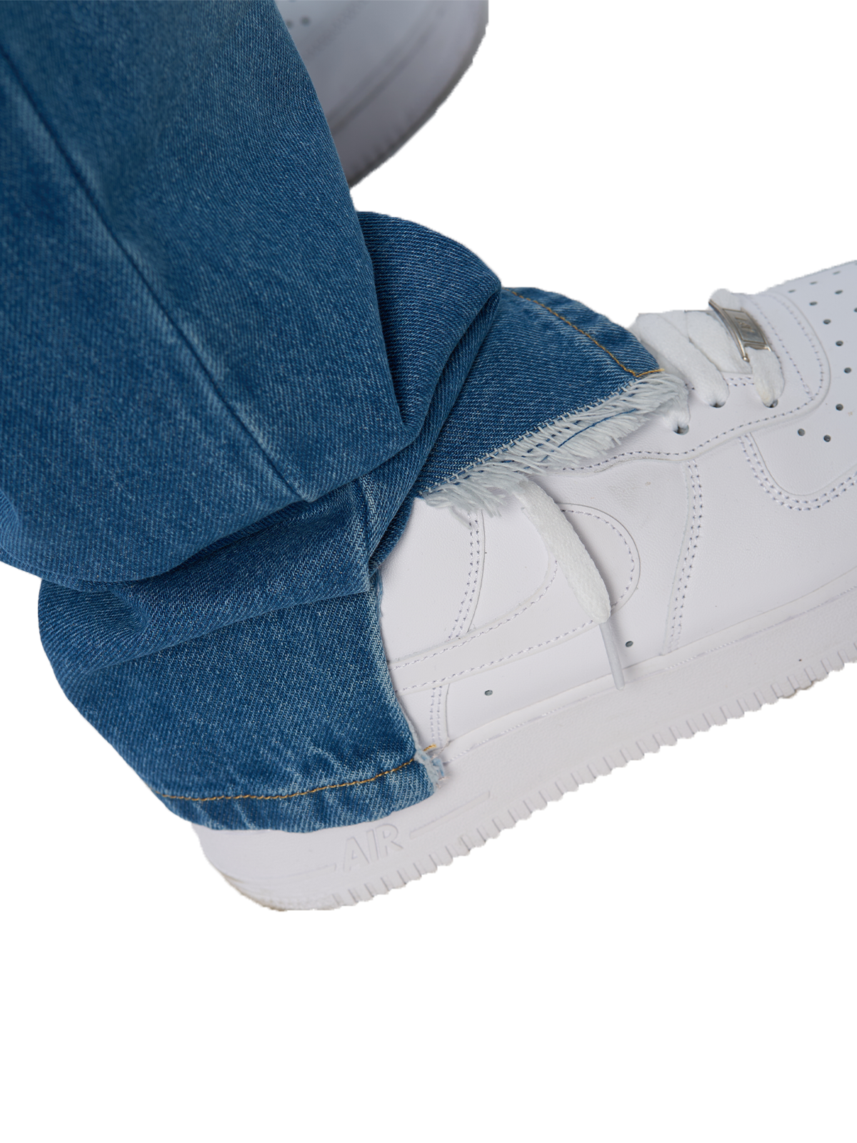 Blaue Denim Open Leg Breite Jeans Hose weißes Logo