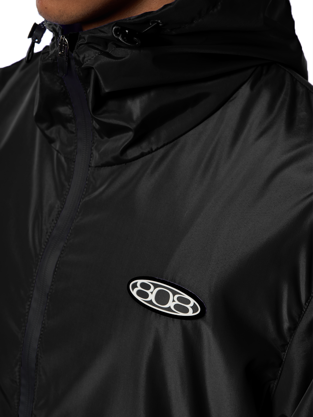 Schwarzer Windbreaker Regenjacke Wasserfest Weißes Logo