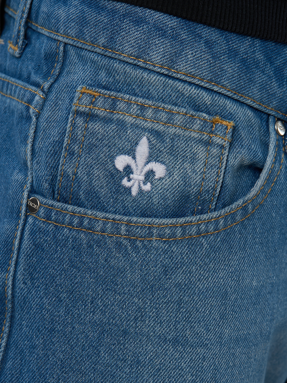 Blaue Denim Open Leg Breite Jeans Hose weißes Logo