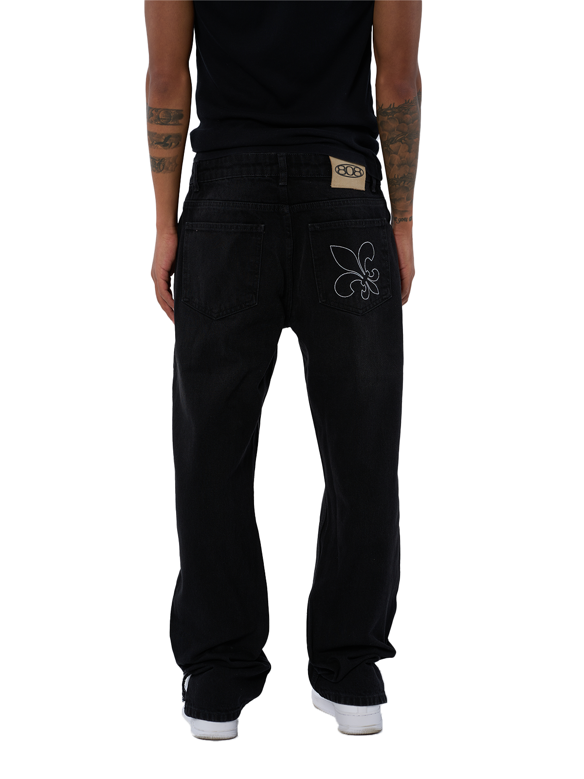 Schwarze Denim Open Leg Breite Jeans Hose weißes Logo