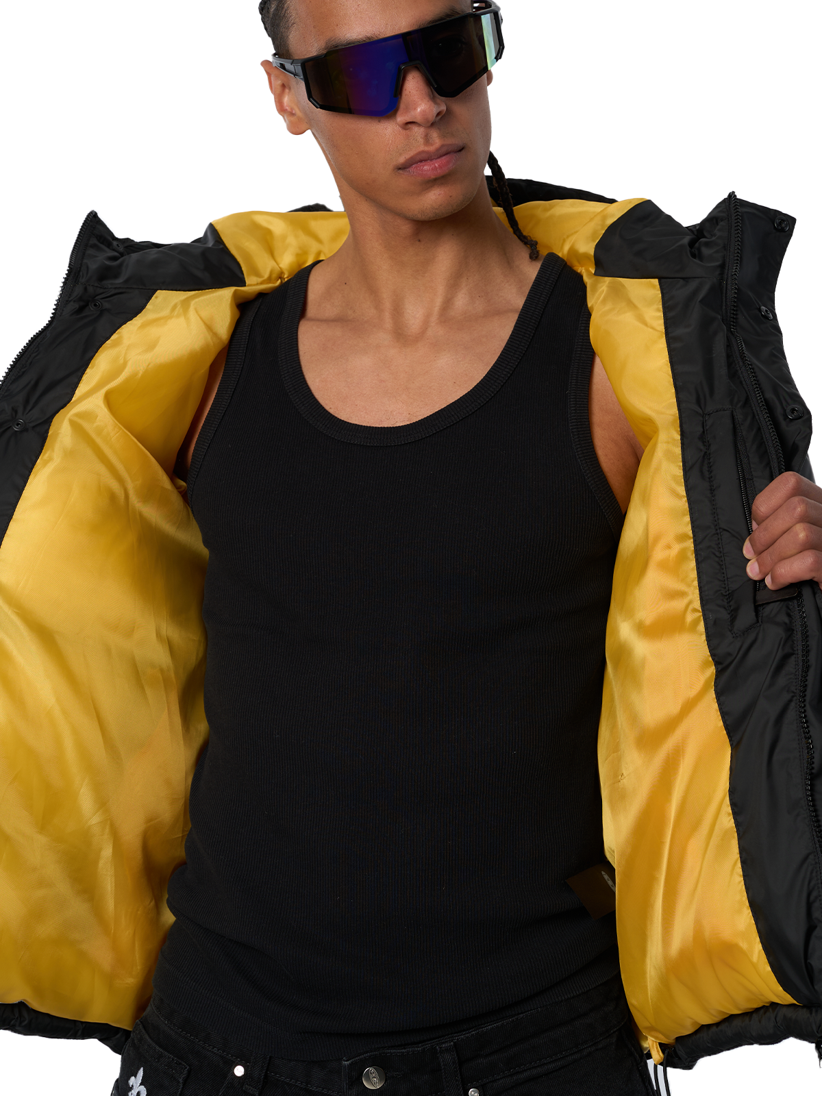 Schwarze Winterjacke Puffer Jacket Gelbes Logo