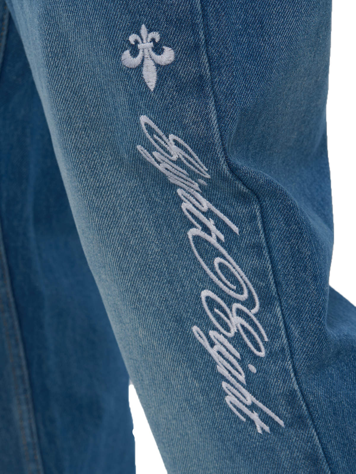 Blaue Denim Open Leg Breite Jeans Hose weißes Logo