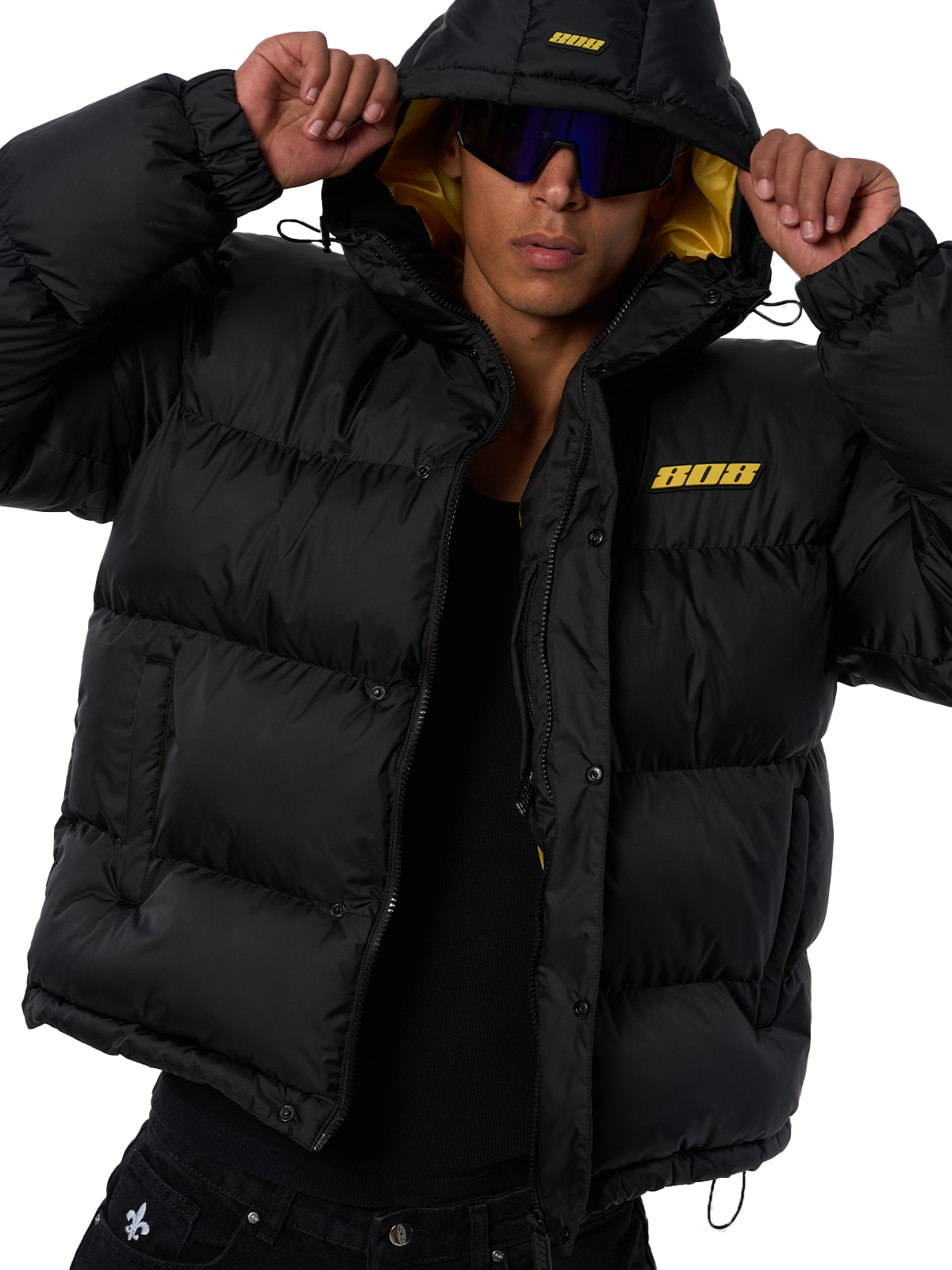 Schwarze Winterjacke Puffer Jacket Gelbes Logo