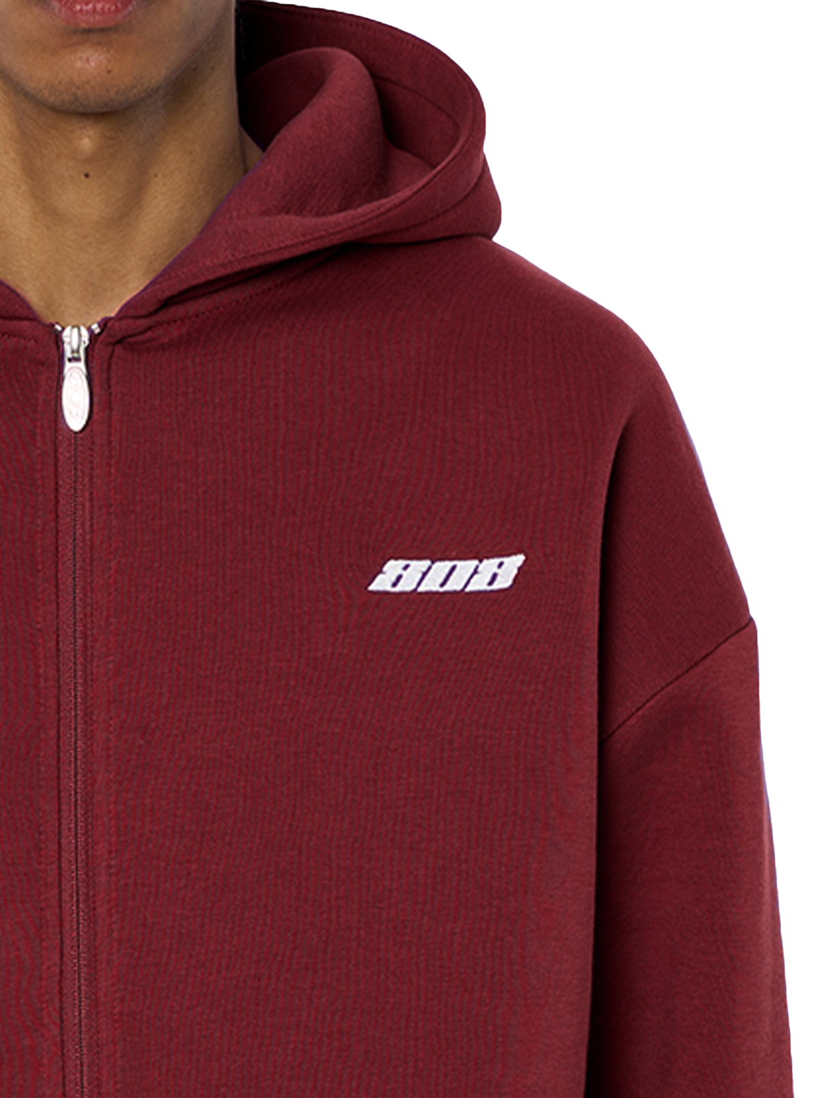 Weinrote Zipper Reißverschluss Jacke Weißes Logo